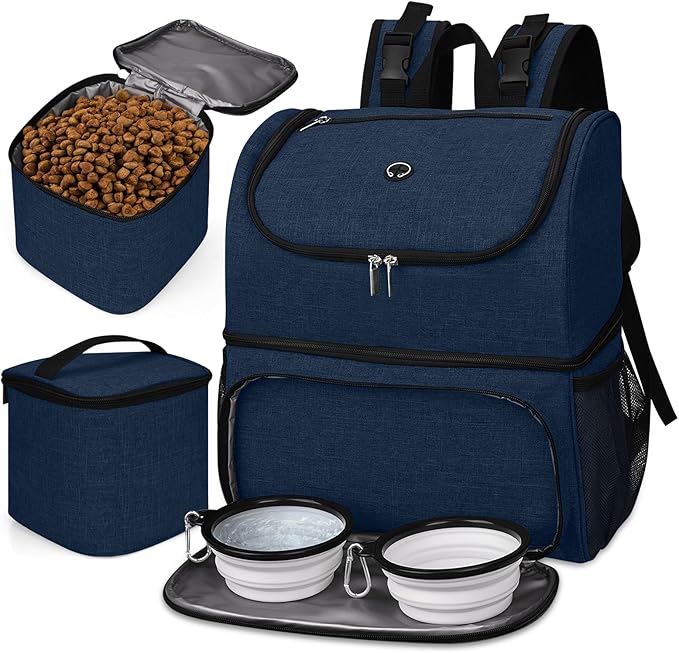 BAGLHER Pet Travel Bag, Double-Layer Pet Supplies Backpack (for All Pet Travel Supplies), Pet Travel Backpack with 2 Silicone Collapsible Bowls and 2 Food Baskets Dark Blue-Mewly Pet