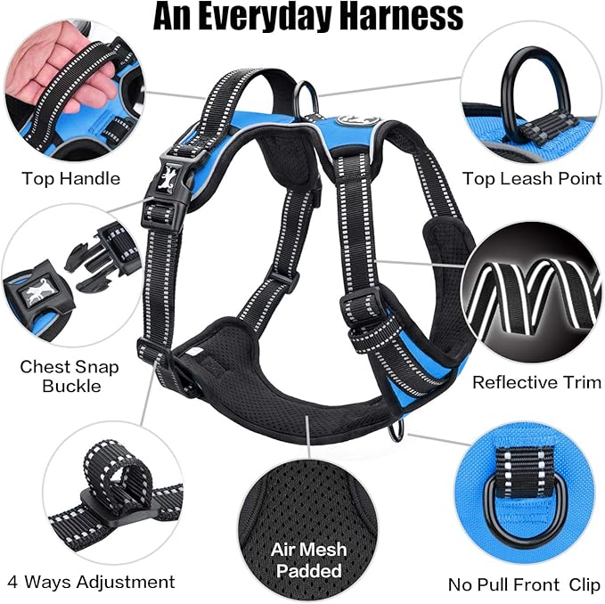 PoyPet No Pull Dog Harness, Reflective Comfortable Vest Harness with Front & Back 2 Leash Attachments and Easy Control Handle Adjustable Soft Padded Pet Vest for Small to Large Dogs (Blue,XL)-Mewly Pet