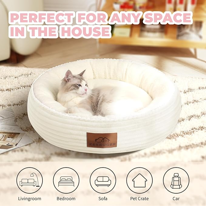 20in Cream Round Cat Dog Bed Gift for Large Medium Small Dogs Cats, Machine Washable Sleeping Sofa, Non-Slip Bottom Breathable Soft Calming Pet Cuddler for Indoor/Outdoor/Car/Cage-Mewly Pet