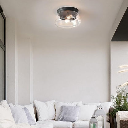 GLOBE Electric 44777 Aleyna 2-Light Outdoor Flush Mount Ceiling Light, Matte Black, Clear Glass Shade, Bulb Not Included