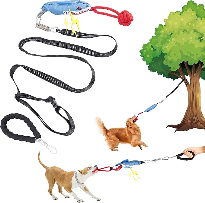Dog Tree Tug of War Toy with Handles,Tethered Tug of War Outdoor Toy with Squeaky Self Play for Aggressive Chewers, Durable Bungee Cord with Chew Ball-Mewly Pet
