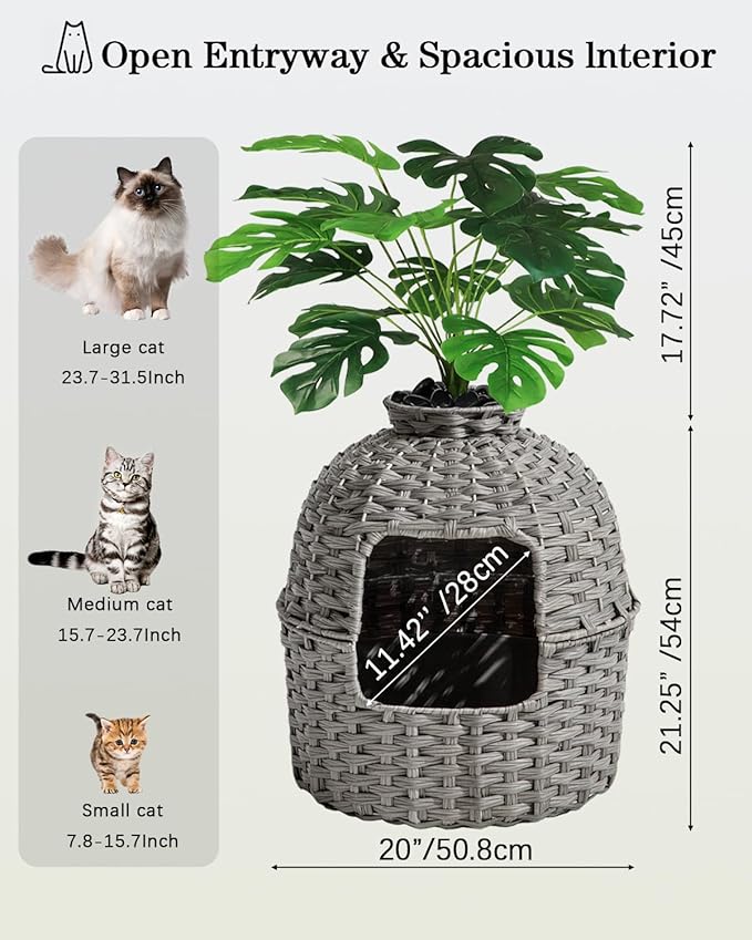 Cat Litter Box Plant Enclosure, Hidden Handwoven Rattan with Cat Litter Box Furniture and Artificial Plants, Odor Control Filter, Real Stones in Living Room, Bedroom, Corner (Gray)-Mewly Pet