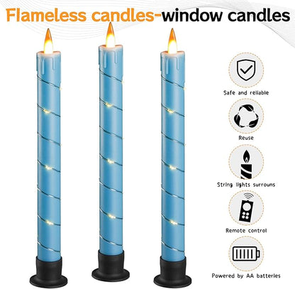 Da by 3 Pcs Flickering Flameless Battery Operated Taper Candle-Window Candles with Remote and Time-LED 3D Dynamic Flame-9.6 Inches for Wedding, Party,Home Decoration-Blue