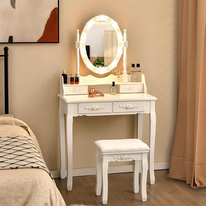 Giantex Makeup Vanity Table with 10 LED Lights, Adjustable Brightness, 3 Color Light Modes, 4 Drawers, Rotatable Mirror, Cushioned Stool, Vanity Desk Dressing Table Bedroom Furniture (White)