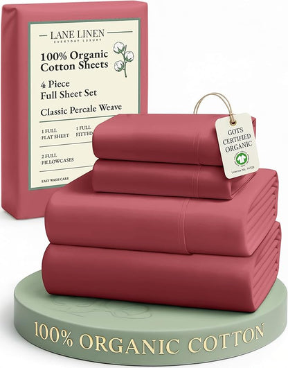 LANE LINEN 100% Organic Cotton Bed Sheets Full Size, Fully Elasticized Sustainably Produced Soft & Comfy, Machine Washable Naturally Cooling Full Sheet Deep Pocket Bedding - Mineral Red