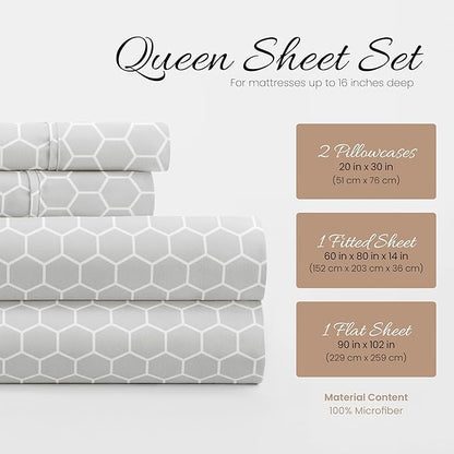 Linen Market Double-Brushed Patterned Microfiber Queen Sheet Set 4 Piece – Oeko-TEX Certified Ultra Soft & Wrinkle-Free - 16" Deep Pocket Sheets - Easy Care Queen Size - Honeycomb Light Gray
