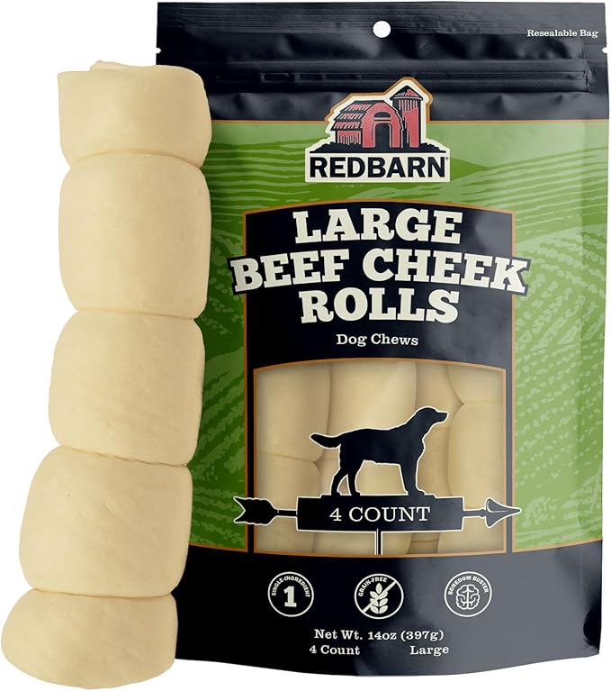 Redbarn Pet Products All-Natural Large Beef Cheek Rolls for Dogs, Uncoated - Single Ingredient Grain-Free Chew Treat Naturally Rich in Collagen - No Artificial Preservatives - Pack of 4-Mewly Pet