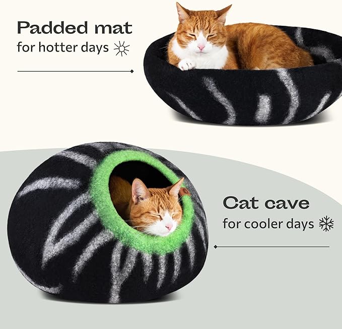 MEOWFIA Cat Cave – Premium Felt Cat Bed for Indoor Cats, Handmade 100% Merino Wool (Large, Shining Tiger)-Mewly Pet