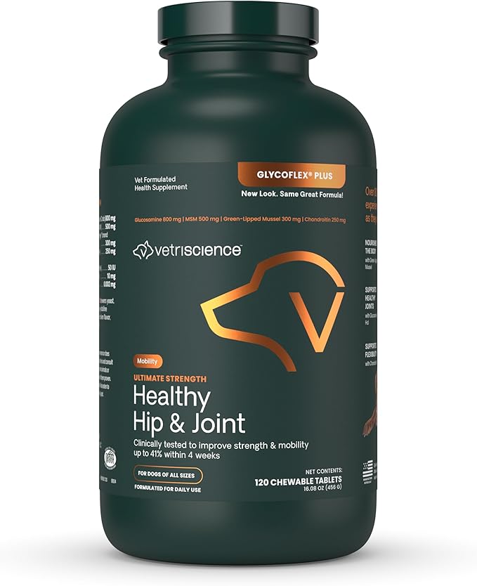 VetriScience Ultimate Strength Healthy Hip & Joint Chewable Tablets, GlycoFlex Glucosamine, Chondroitin and Green-Lipped Mussel Joint Supplement for Dogs, Soothe Joint Discomfort, Chicken, 120 Count-Mewly Pet