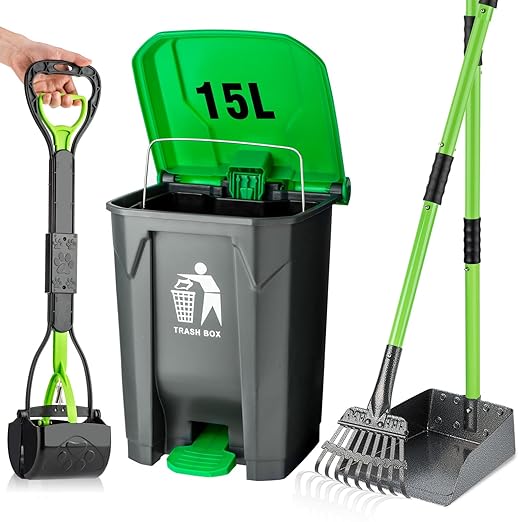 MXF Pooper Scooper Set - 28" Dog Pooper Scooper & Long Handle Stainless Metal Tray&Rake, 15 Litre Step Dog Poop Trash Can w/Removable Inner Bucket, 20 Waste Bags for Outdoors-Mewly Pet