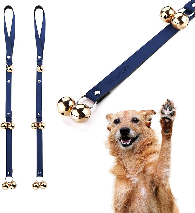 Leather Dog Doorbells for Door Knob/Potty Training/Go Outside, Length Adjustment Copper Dog Bell, Housetraining Hanging Bell, Blue Leather Golden Bells - 2 Pack-Mewly Pet