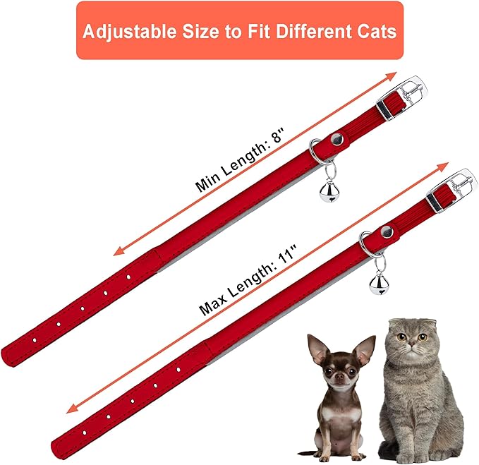OOPSDOGGY Rolled Leather Cat Collar with Bell, Reflective Kitten Collars with Buckle Include Safety Elastic Strap - Adjustable Small Pet Collars for Boy Girl Cats (Red)-Mewly Pet