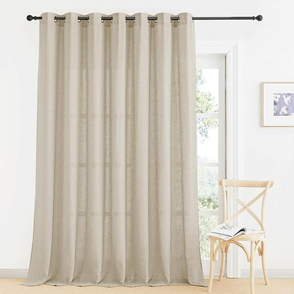 RYB HOME Extra Wide Linen Curtains Semi Sheer - Light Filtering with Vertical Weave Natural Breathable Fabric for Living Room Bedroom Farmhouse Window Treatments, Beige, W 100 x L 90, 1 Pc