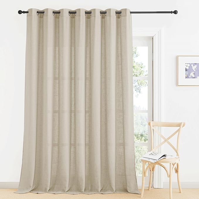 RYB HOME Sliding Door Curtains - Large Window Curtains for Living Room Dining Bedroom Decor, Linen Sheer Sunlight Glare Filter Privacy Backdrop, Beige, 100 inches Wide x 84 inches Long