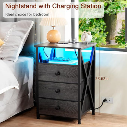 AMHANCIBLE LED Nightstand with Charging Station, Smart End Side Table with USB Port & Power Outlet, Bedside Table with Fabric Drawers for Bedroom, Living Room, Dark Grey, HET053LDG-1