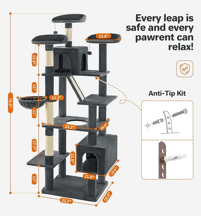Made4Pets Tall Cat Tree, 80" Cat Tree Tower for Indoor Cats Large Adult, Modern Cat Tower with Scratching Post, Cozy Hammock, 3 Perches and 2 Condos, Sturdy and Fluffy, Dark Gray-Mewly Pet