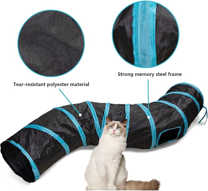 Cat Tunnel, S-2-Way Cat Tunnels for Indoor Cats, Interactive Toy Maze Cat House, Foldable Cat Tubes and Tunnels for Cats Kittens, Puppies, Kitty, Kitten, Rabbit, Guinea Pigs (Blue & Black)-Mewly Pet