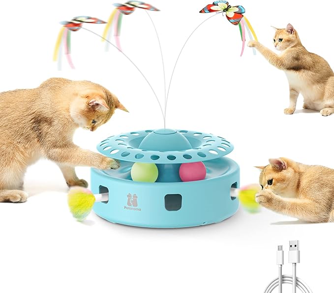 Potaroma Cat Toys 3-in-1 Automatic Interactive Kitten Toy, Fluttering Butterfly, Random Moving Ambush Feather, Track Balls, Dual Power Supplies, USB Powered, Indoor Exercise Cat Kicker (Blue)-Mewly Pet