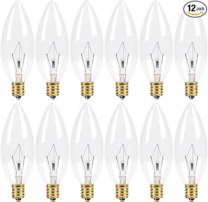 12-Pack E12 Candelabra Light Bulbs 25W, Dimmable Warm White 2500K Chandelier Light Bulbs for Indoor, B10 Clear Bulbs (Gold Base)