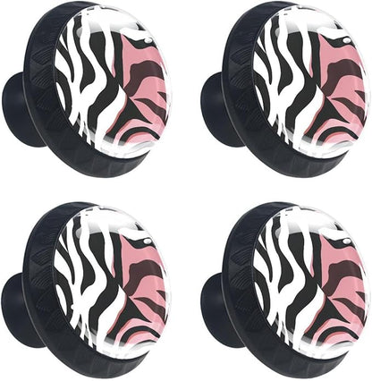 4 PCS Knobs for Dresser Drawers, Pink Zebra Skin Texture ABS Round Kitchen Cabinet Handles Pulls for Kitchen Cupboard Wardrobe Hardware Bedroom