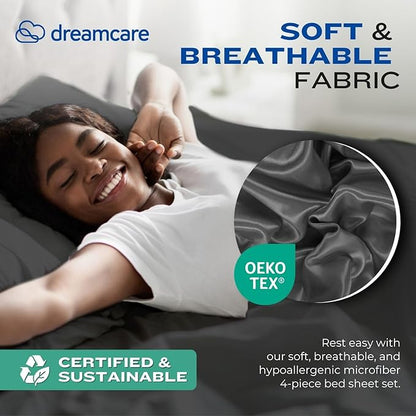DREAMCARE Queen Sheet Set – 4 pcs Cooling Sheets – up to 21” Deep Pocket Queen Sheets – Hotel Luxury Sheets & Pillowcases – Superior Softness 100% Fine Microfiber with Side Pocket – Gray