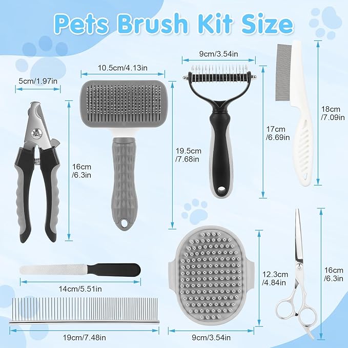 Cat Grooming Brush, 9PCS Dog Brush Kit with Pet Nail Clipper and File, Deshedding Brush for Cats, Cats Dog Shedding Brushs for Small Large Pets, Includes Flea Comb, Bath Brushs,Undercoat Rake (Grey)-Mewly Pet