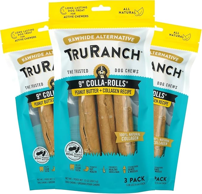 Collagen Rolls - 9" Collagen Rolls for Dogs - Long Lasting Healthy Joint Support - Rawhide Alternative - Skin & Coat Health - Made with Real Peanut Butter, Value Pack, 3 Bags, 9 Count-Mewly Pet