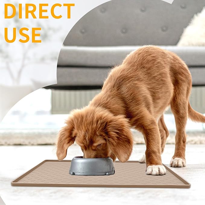 Ptlom Silicone Dog Food Mat Waterproof Pet Feeding Mat with High-Lips, Anti-Slip Dog Bowl Mat for Food & Water, Non-Spill Puppy Feeding Tray for Small, Medium & Large Dogs and Cats, Taupe-Mewly Pet