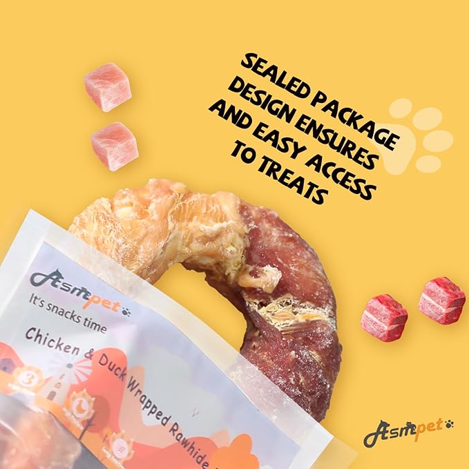 ASMPET Dog Treats Chews, Chicken & Duck Wrapped Rawhide Donuts Dental Care Chews for Small Medium Large Breed Aggressive Chewers (Pack of 4)-Mewly Pet