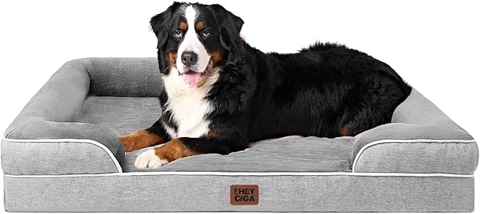 EHEYCIGA Orthopedic Dog Beds for Extra Large Dogs, Waterproof Memory Foam XXL Pet Bed with Sides, Non-Slip Bottom and Egg-Crate Foam Big Dog Couch Bed with Washable Removable Cover, Grey-Mewly Pet