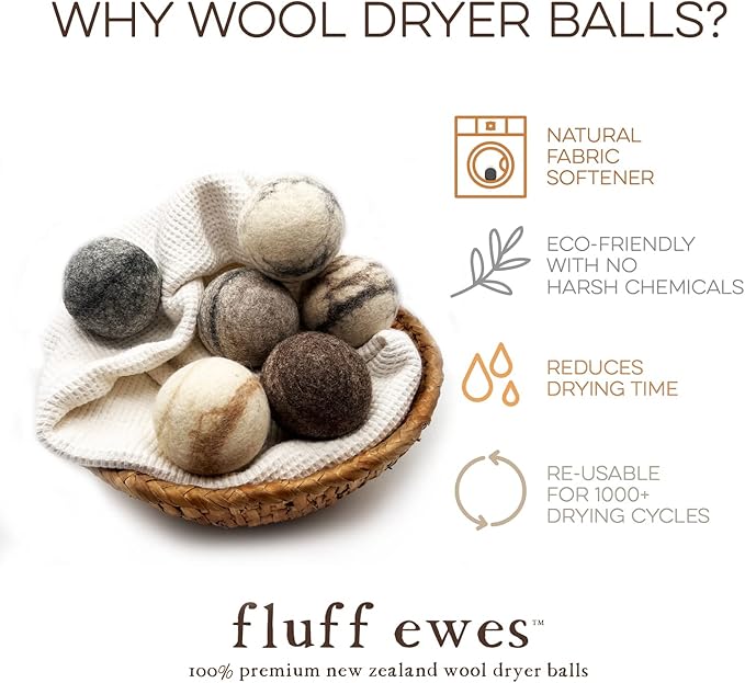 Fluff Ewes Wool Dryer Balls 3 Pack Premium New Zealand Wool Laundry Balls for Dryer, No Static Dryer Balls Laundry Reusable Cute, XL Wool Dryer Balls Cute, Baby Dryer Balls for Dryers - Marble-Mewly Pet