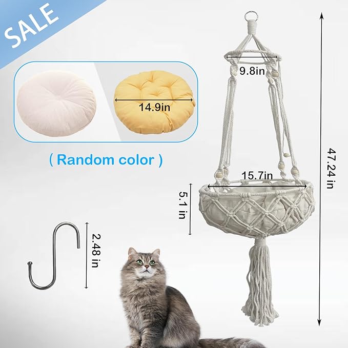 kathson Macrame Cat Hammock with Cushion,Handwoven Cats Bed,Hanging Indoor Boho Kitten Swing Beds for Playing Sleeping Climbing and Lounging(XL)-Mewly Pet