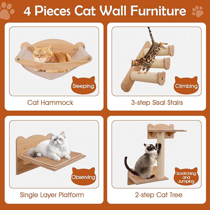Tangkula Cat Wall Shelves, Wall Mounted 4pcs Kitten Furniture Set with Hammock, 2-Step Kitty Tree, Perch, Non-Slip Carpet Mat, Sisal Stairs & Scratching Posts, Wooden Cat Climber Steps (Natural)-Mewly Pet