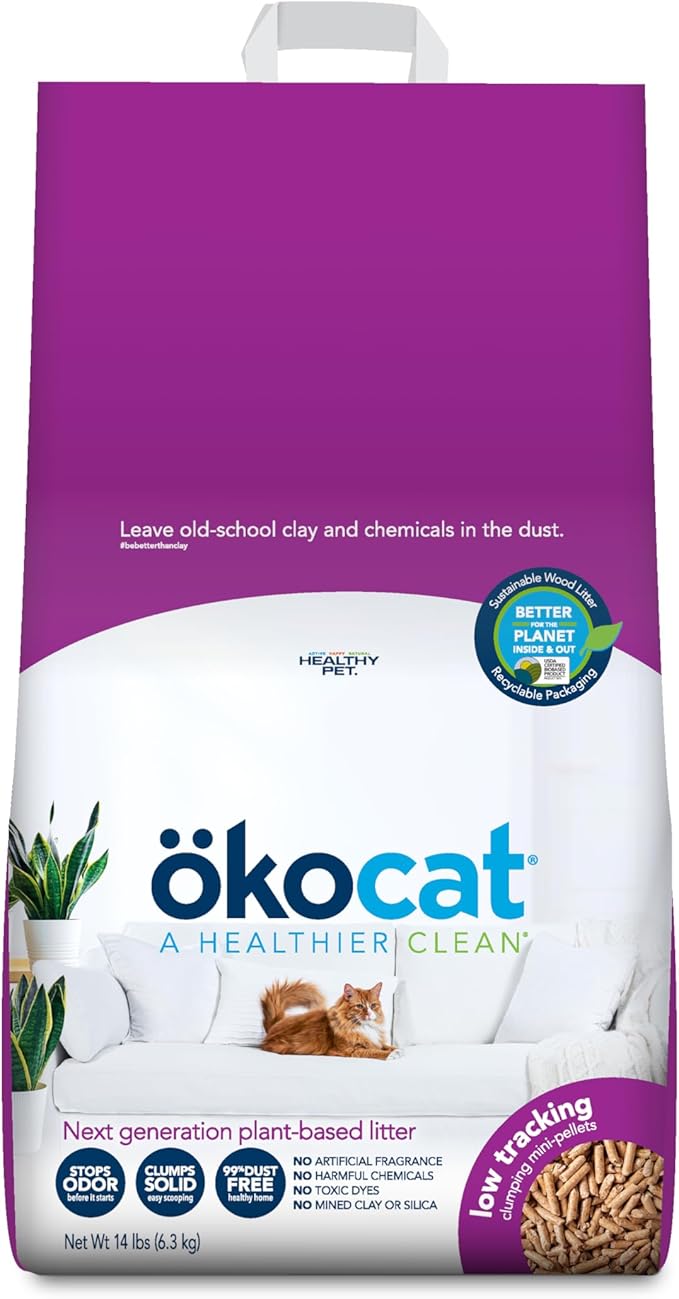 ökocat Less Mess Low Tracking Wood Clumping Cat Litter Mini- Pellets, Unscented, 14 pounds - Natural Ingredients, Stops Odor, Clumps Solid, 99% Dust Free, Great for Long-Hair Breeds-Mewly Pet
