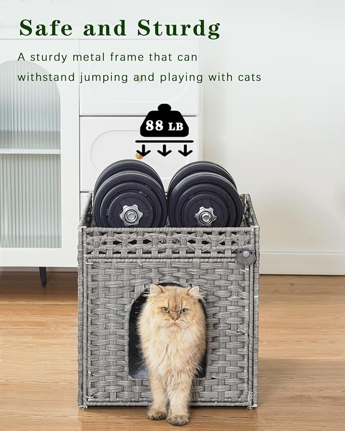 Cat Beds for Indoor Cats Extra Large Double Cat Cave Pet Cube, Handwoven Rattan Cat Houses with Double-Sided Soft Cushions, 18.5 x 20.5 x 19.1 Inches Foldable Hideaway in Living Room Gray-Mewly Pet
