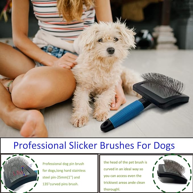 Dog Brush for Long Haired Dogs - Large Firm Slicker Brushes for Poodles, Goldendoodles & Shedding Grooming - Soft Massage Stainless Steel Pins (25mm/1") - Gentle Pet Grooming Wire-Mewly Pet