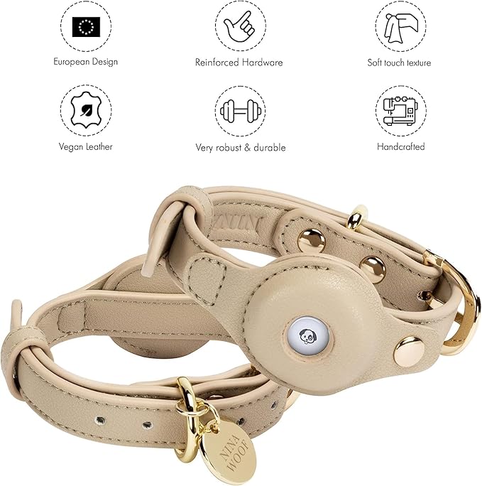 Cupertino Dog Collars, Harnesses & Leashes Made from Vegan Leather with Dog Tracker Device Holder Adjustable Dog Collar (Medium, Beige)-Mewly Pet