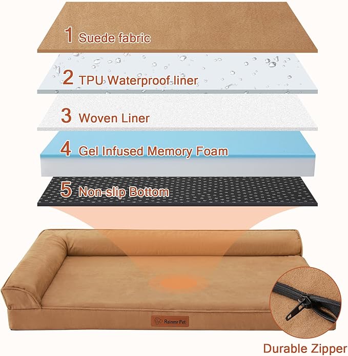 Chew Proof Dog Bed, 3" Memory Foam Dog Bed for Medium and Large Dogs, Removable and Washable Microsuede Cover, Waterproof Liner, Nonskid Bottom, 44x32 Inches XXL Khaki-Mewly Pet