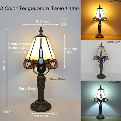 Tiffany Small Table Lamp 3-Way Color Temperatures Dragonfly Stained Glass Table Lamps for Living Room, Bedroom Bedside Nightstand Night Light Home Office Desk Lamp+LED Bulb,6X6X12.5Inch
