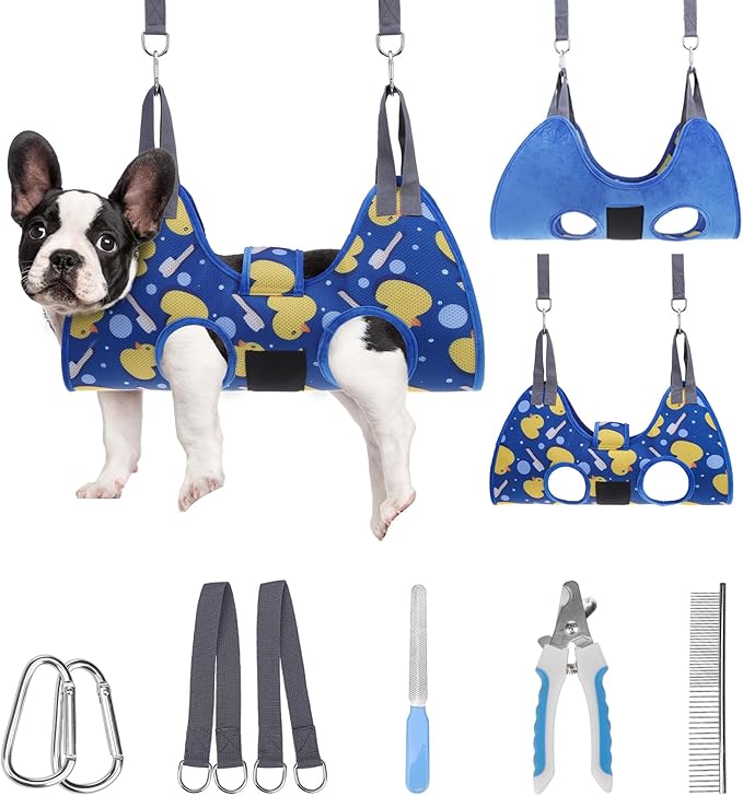 PAWCHIE Dog Grooming Hammock Harness for Dogs & Cats with Pet Nail Clipper Trimmer - Cat Hanger Sling for Trimming Clipping Nails- Dog Hammock Restraint Bag for Small Medium Large Dog, Navy Blue S-Mewly Pet