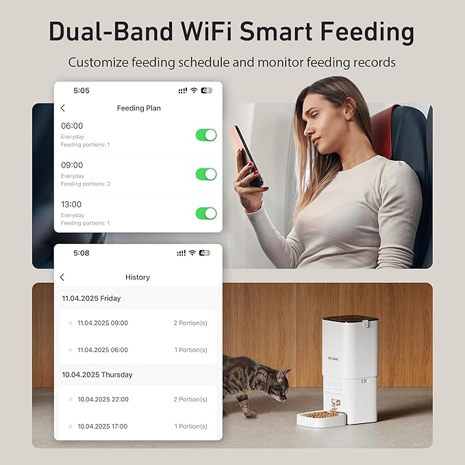 7L/29 Cups Automatic Dog Feeder, 5G WiFi Auto Cat Feeder with Desiccant Bag, Cat Food Dispenser, App Remote Feeding, Stainless Steel Bowl, Dual Power Supply, Ideal for 2-15mm Dry Food-Mewly Pet