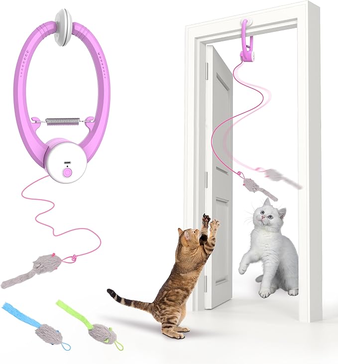 Interactive Cat Toys Rechargeable, Feather Toy for Indoor Cat, Hanging Retractable Teaser Toy, Automatic Kitten Play Chase Exercise Toys with Three Plush Mouse, USB Powered (Pink)-Mewly Pet