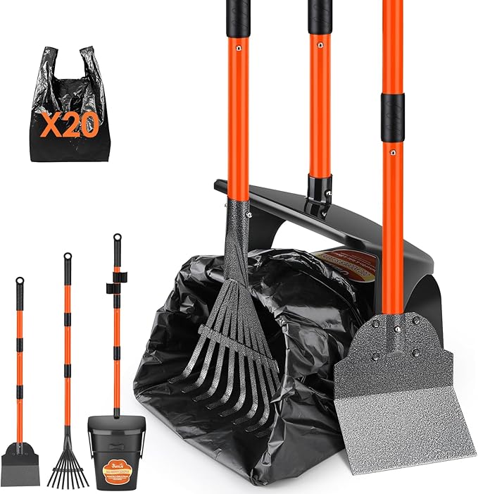 SlowTon Dog Pooper Scooper - 37.4" Long Handle Adjustable Metal Swivel Bin & Rake & Spade Kit with 20 Waste Bags, Portable Pooper Scooper for Gravel Lawn Grass, Suit for Small Medium Large Dog-Mewly Pet