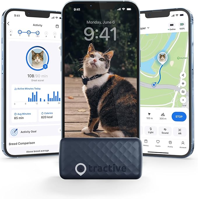 Tractive Smart Cat GPS Tracker | Real-Time Location & Wellness Monitoring for Cats 6.5 lbs+ | Territory & Location History | Up to 5-Day Battery | Breakaway Collar Included (Dark Blue)-Mewly Pet