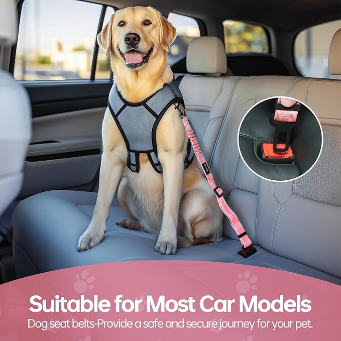 Thickened Dog Seat Belt for Car, 3 Pack Set Retractable Dog Car Adjustable Seatbelts for Vehicle Nylon Pet Safety Heavy Duty & Elastic & Durable Car Harness for Dogs, Light Pink-Mewly Pet
