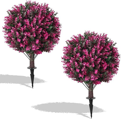 Artificial Pink Eucalyptus Topiary Ball Trees, 2 Set of 16'' UV Resistant Fake Evergreen Shrubs Bushes Plants with Ground Spike, Fake Plants for Outdoor Indoor Front Porch Garden