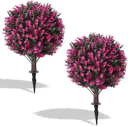 Artificial Pink Eucalyptus Topiary Ball Trees, 2 Set of 16'' UV Resistant Fake Evergreen Shrubs Bushes Plants with Ground Spike, Fake Plants for Outdoor Indoor Front Porch Garden