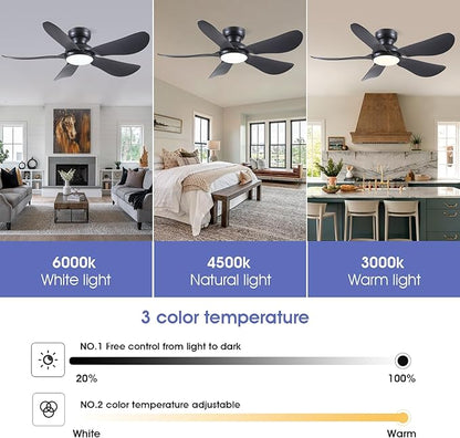 46 Inch Modern Ceiling Fans with Lights, Flush Mount Ceiling Fan with Light and Remote/APP Control, 5 Reversible 6 Speeds Curved Blades, 3 CCT Dimmable Lights for Bedroom, Black