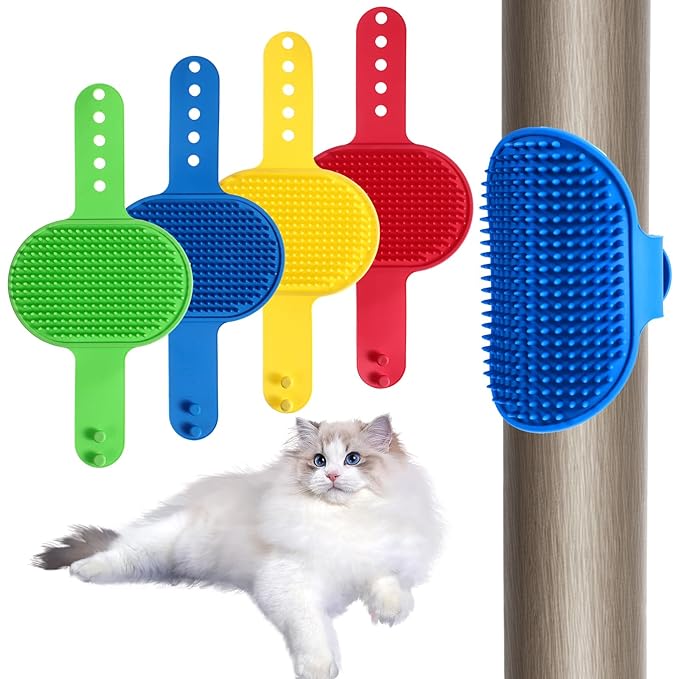 4Colors Cat Self Groomer for Indoor Cats, Wall Mounted Silicone Self Grooming Cat Brush for Long Short Hair, Cat Face Scratchers Cat Corner Massage Comb for Kitten Sofa Chair Leg Scratching Post Cover-Mewly Pet