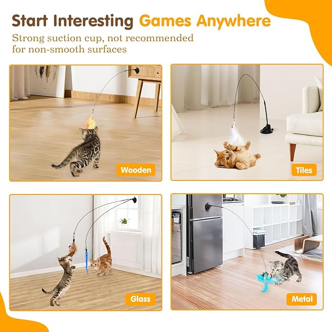 Pawaboo Cat Feather Toys, Interactive Cat Wand Toy with 2-Slot Super Suction Cup, Detachable 2 PCS Spring Cat Wand & 7 PCS Cat Teaser Replacement with Bells, Funny Kitty Toys for Indoor Kittens Play-Mewly Pet